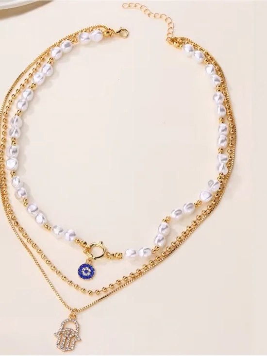 🤩3 pc Gold and Pearl Layered Hamsa Necklace with Blue Pave Charm - Picture 2 of 5